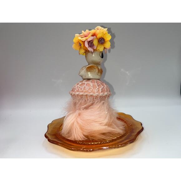 Vintage Mini Ceramic Chick Flower Hat Faux Fur Orange Carnival Glass Plate OOAK - Picture 9 of 16